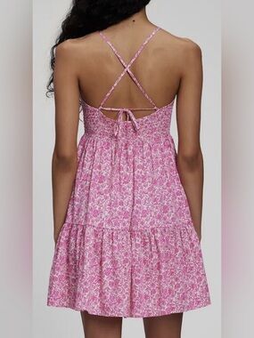 GAP Pink Floral Smocked Tiered Strappy Sun Dress, Pockets Size M